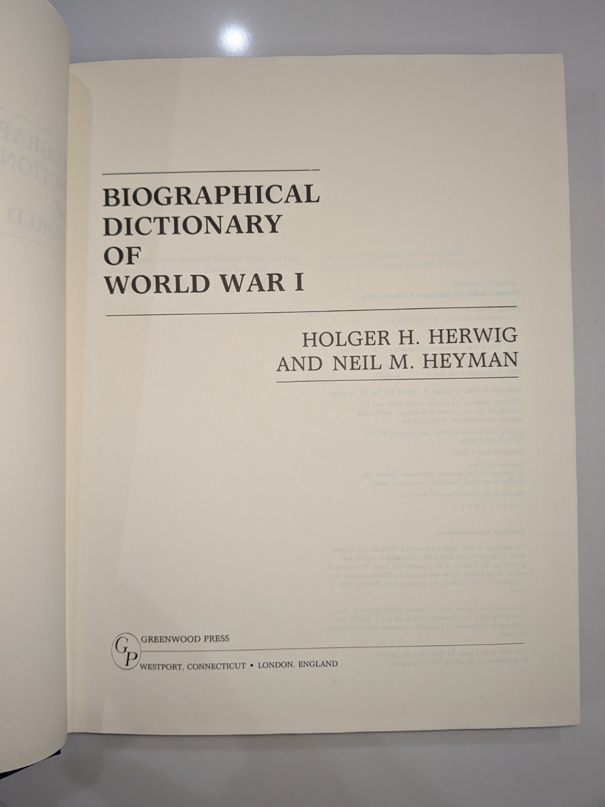 Biographical Dictionary of World War I – Herwig | 1982 | Greenwood HC, with MAPS