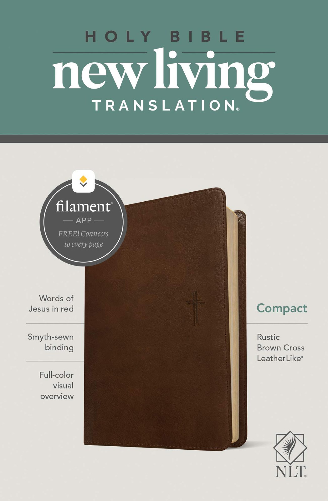 NLT Compact Bible, Filament Enabled (LeatherLike, Rustic Brown Cross, Red Le…