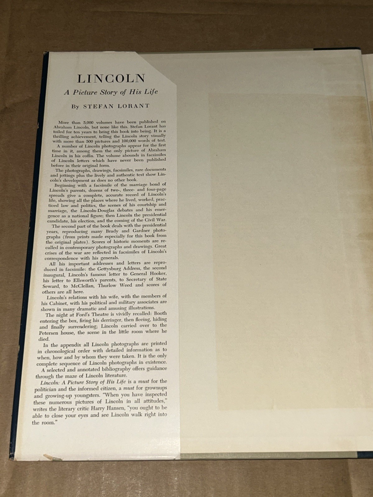 Lincoln A Picture Story of His Life Lorant 1952 Book Club Edition Illustrated