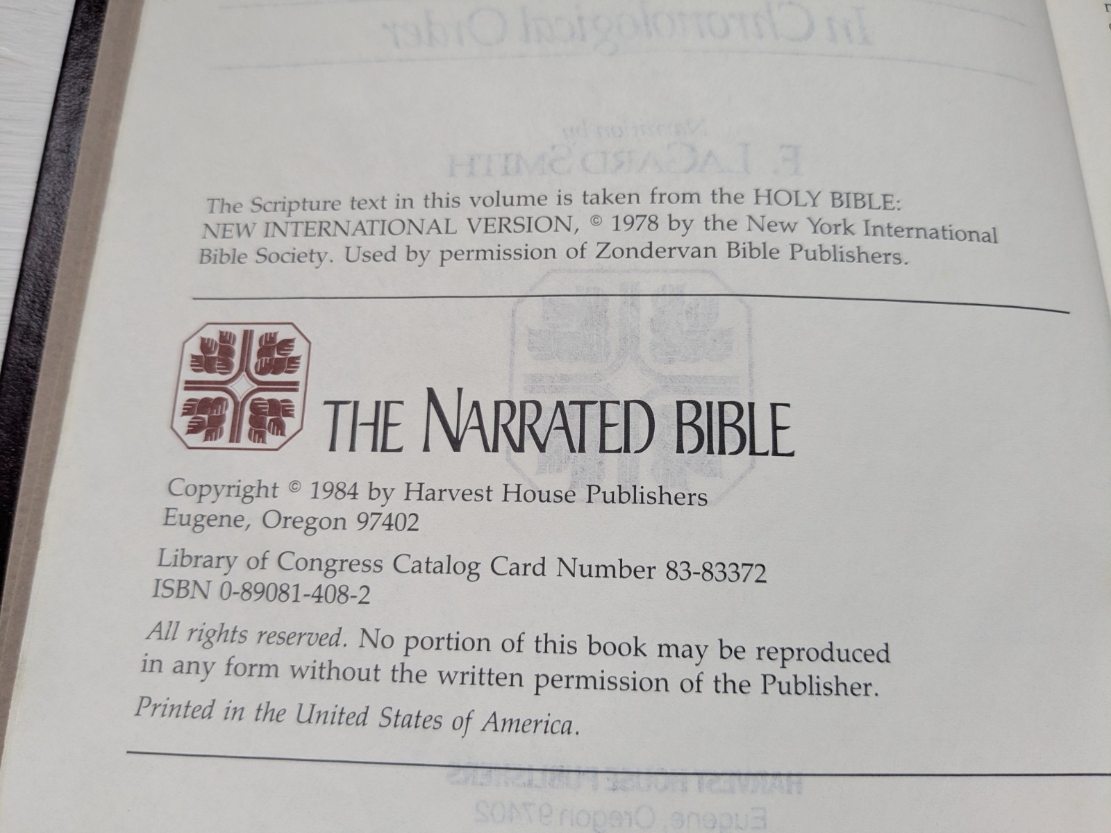 The Narrated Bible In Chronological Order NIV Narration by F. LaGard Smith 1984