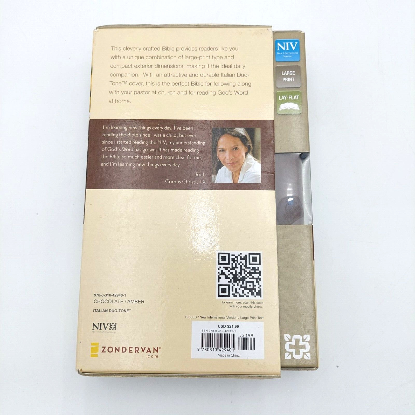 Zondervan NIV Large Print Lay-Flat Holy Bible Duo-Tone Chocolate/Amber w/Box