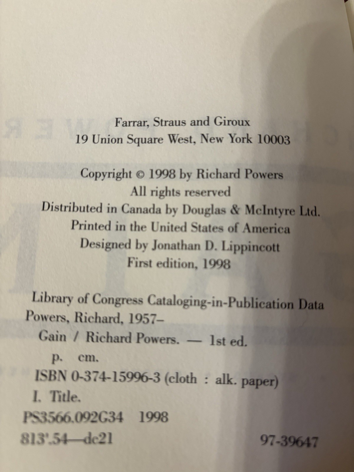 Gain Richard Powers. 1st HC Ptg. FSG 1998. Fine- copy Unread