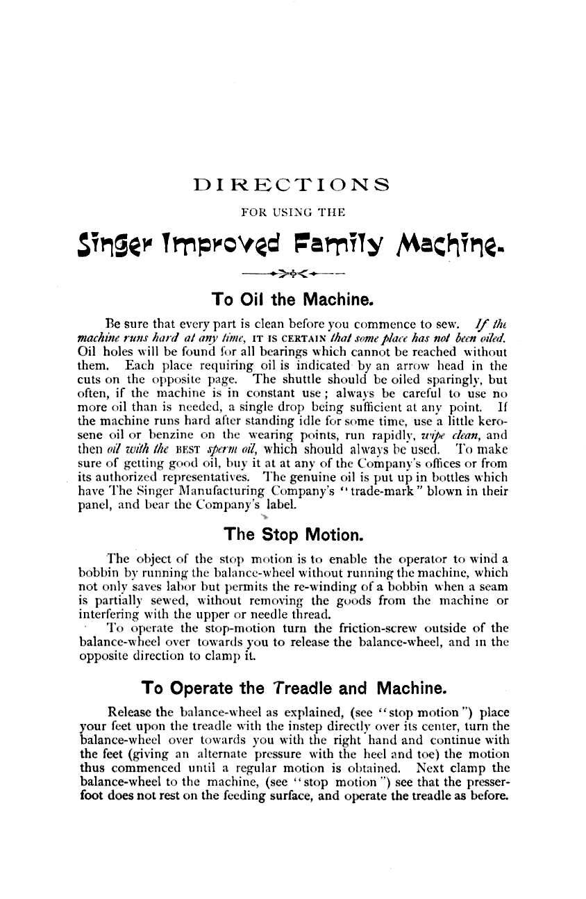 Singer Sewing Machine Improved Family Instruction Manual 1891 (19 Page)