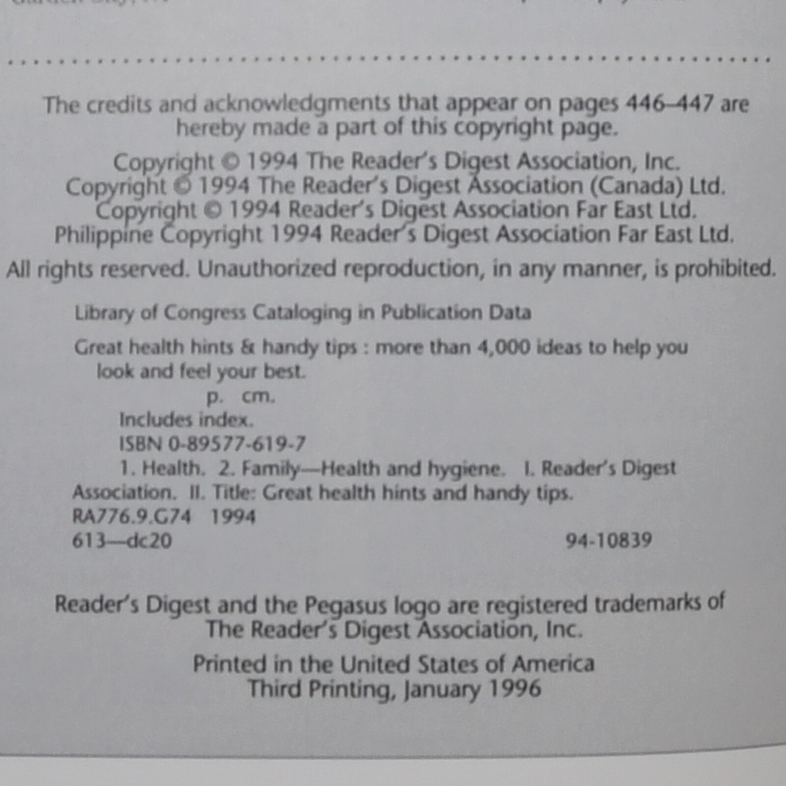 Great Health Hints and Handy Tips More Than 4,000 Ideas Reader’s Digest 1996