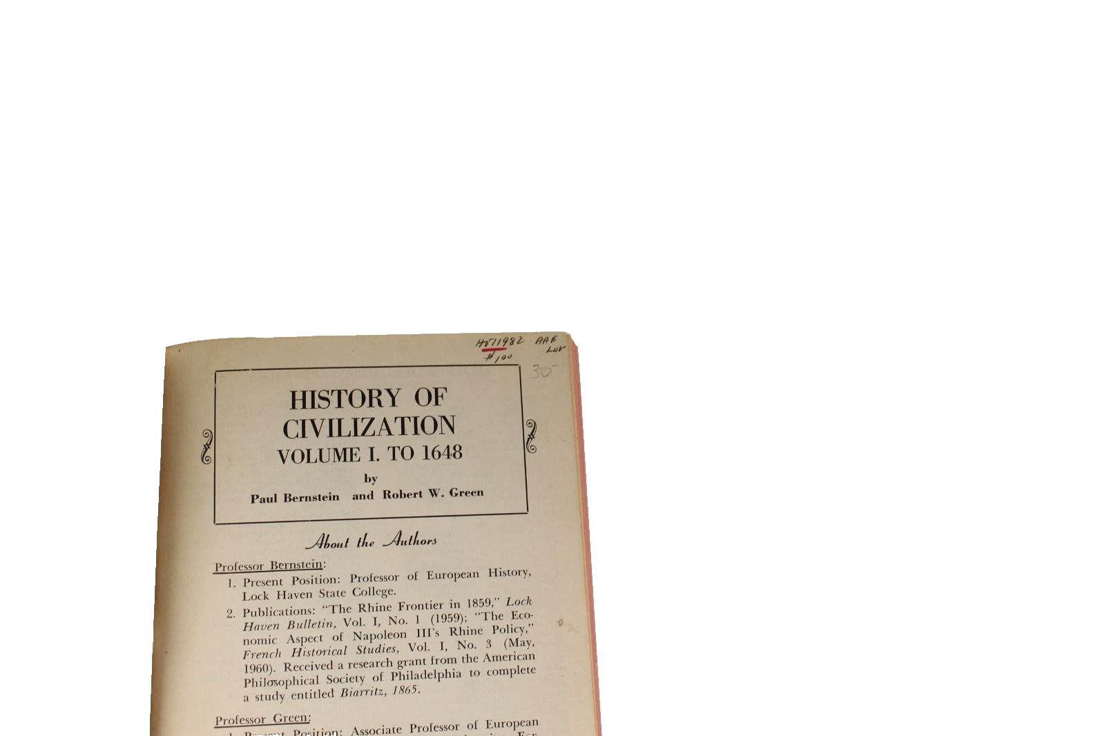 History of Civilization Vol 1 to 1648 Bernstein Green World Asian Culture Text
