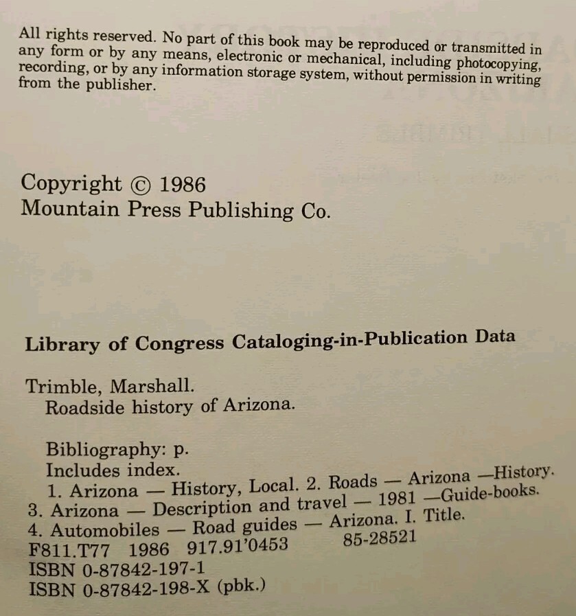 Roadside History of Arizona Trimble PB 1987 Revised Edition Southwest Good