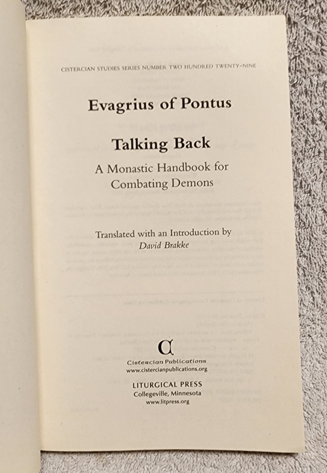 Talking Back A Monastic Handbook for Combating Demons Vol 229 Cistercian Studies
