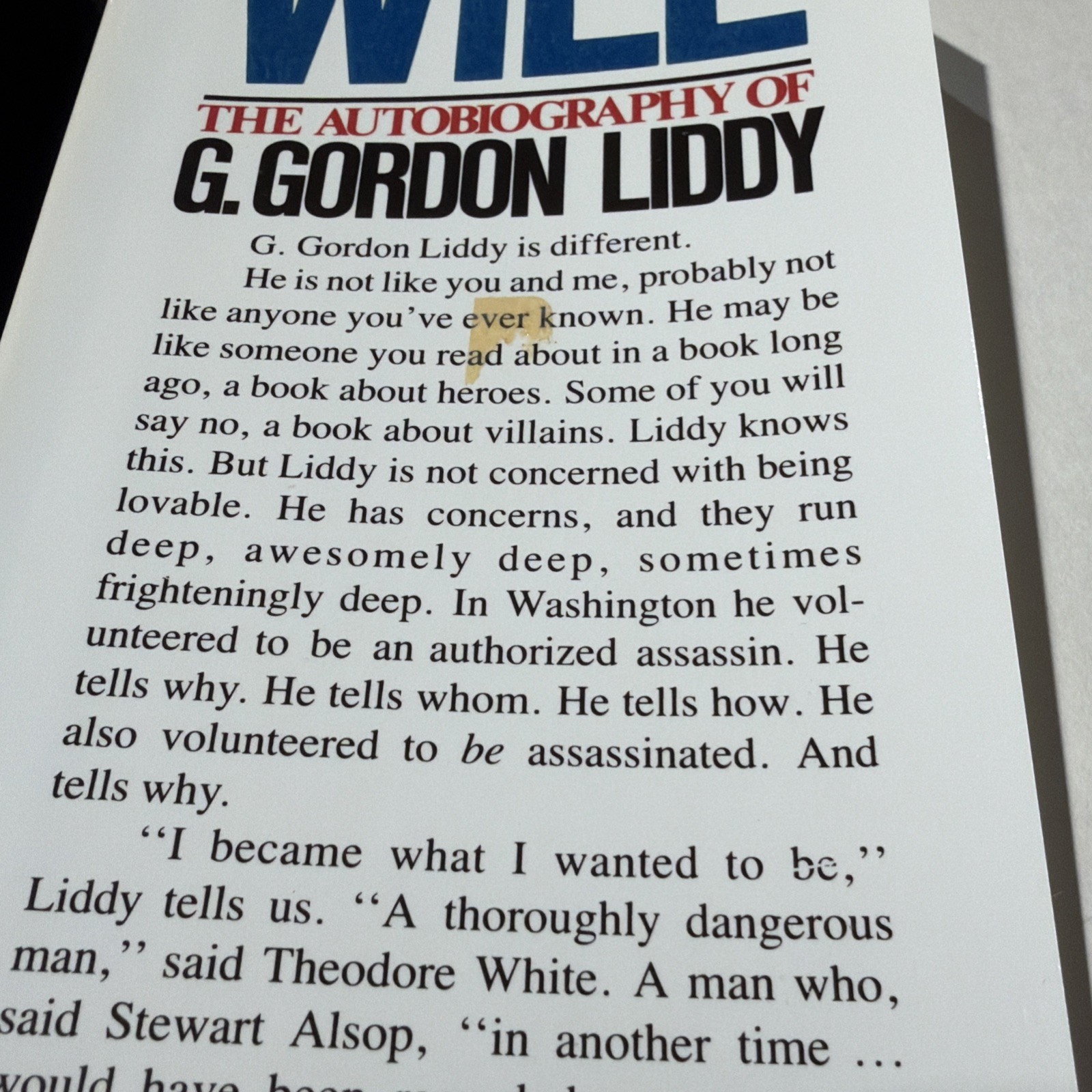 Will: The Autobiography of G. Gordon Liddy – HC DJ 1st Edition B-5226