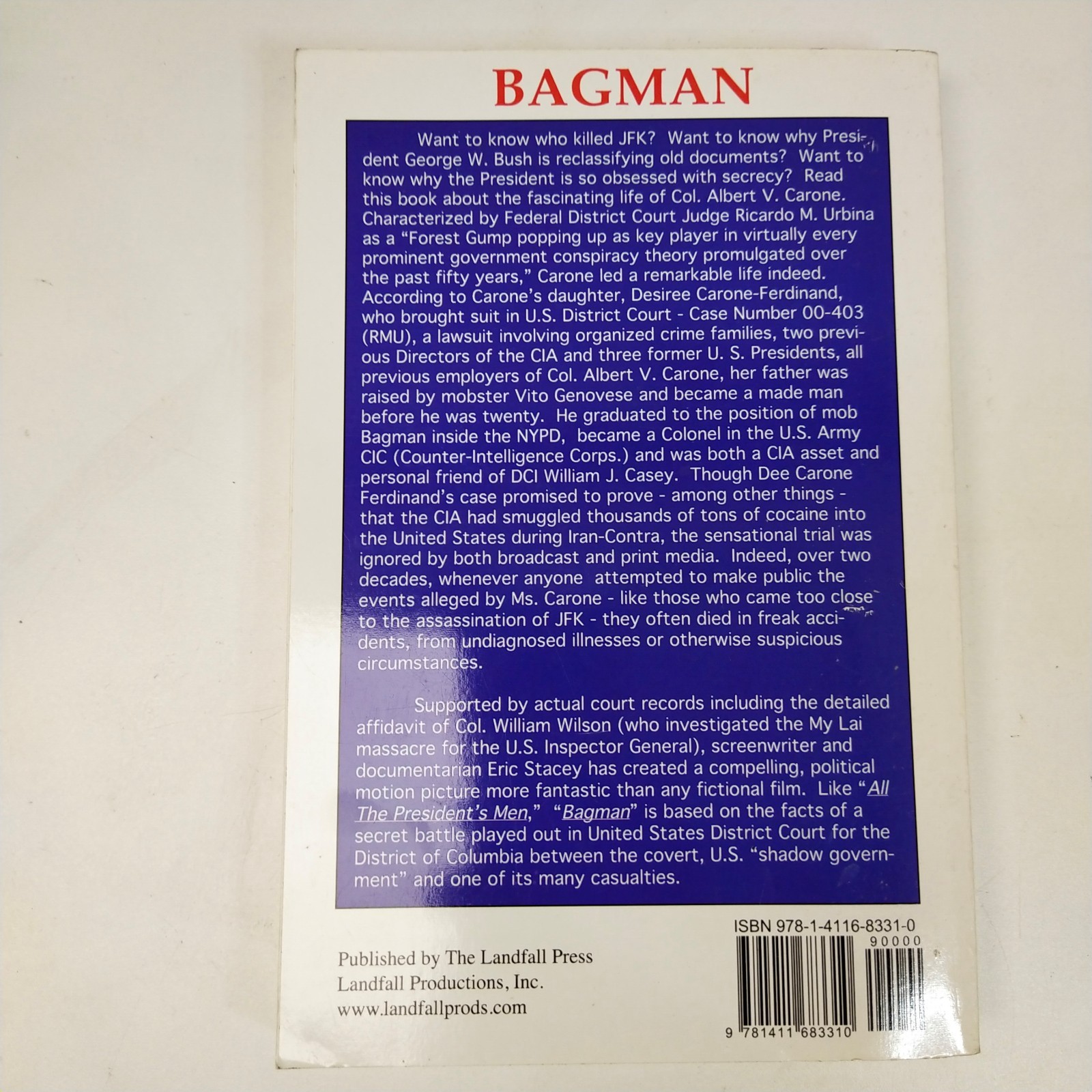 BAGMAN: THE SECRET LIFE OF COL. ALBERT V. CARONE By Eric Stacey Signed by Author