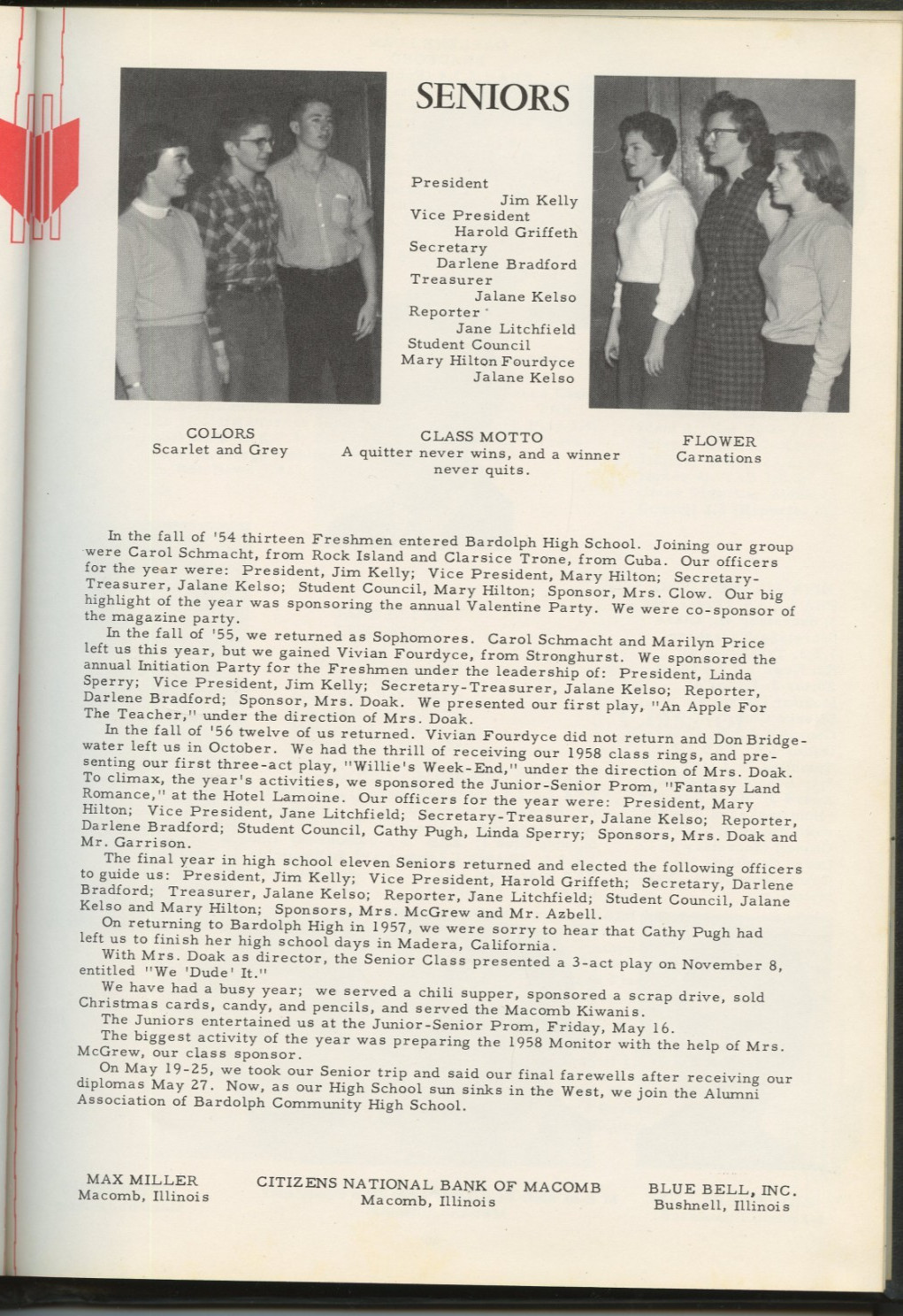 Bardolph Community High School Monitor Yearbook 1958 HB McDonough Co Illinois
