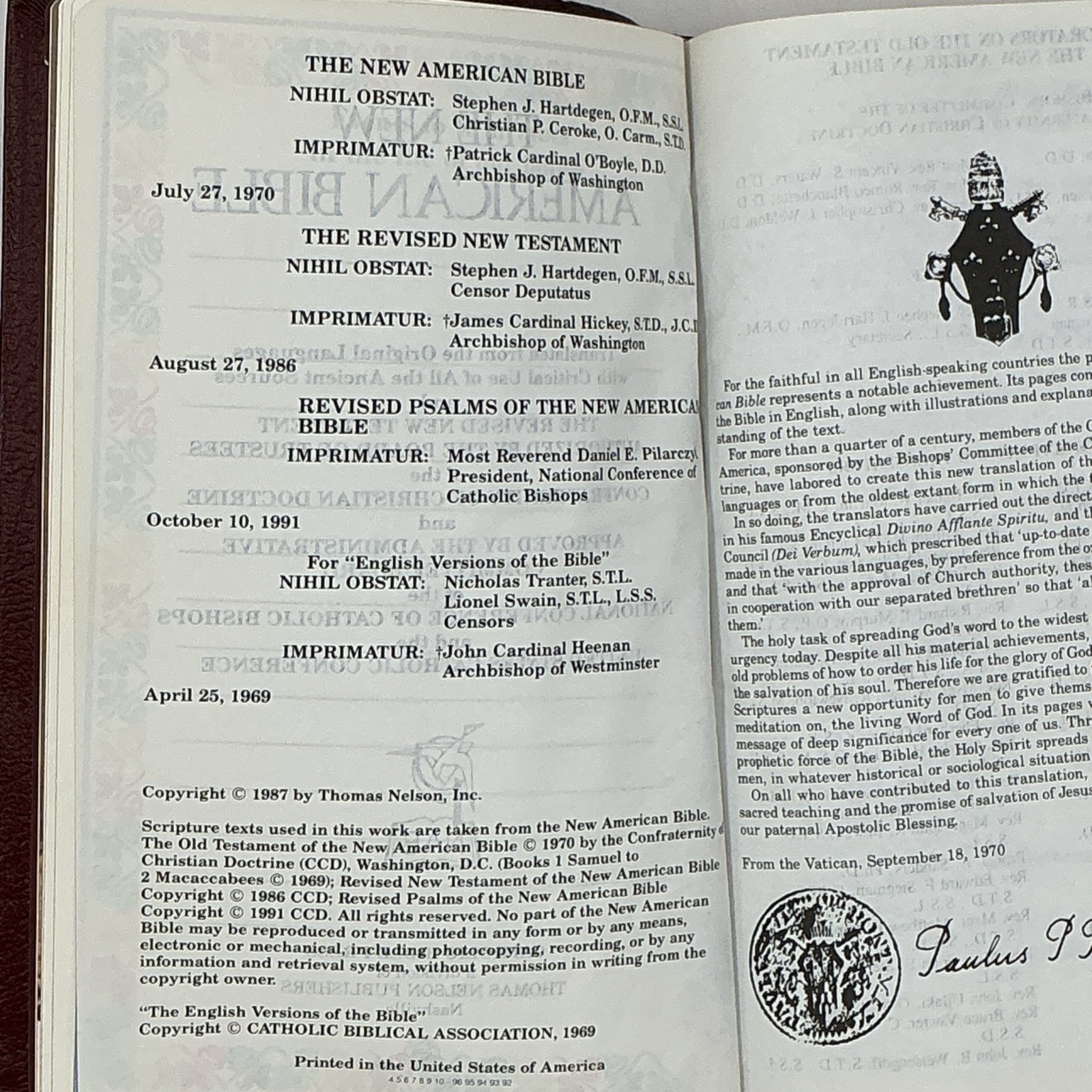 1987 New American Bible Holy Bible Catholic Bible Press 9055NBG Bonded Leather