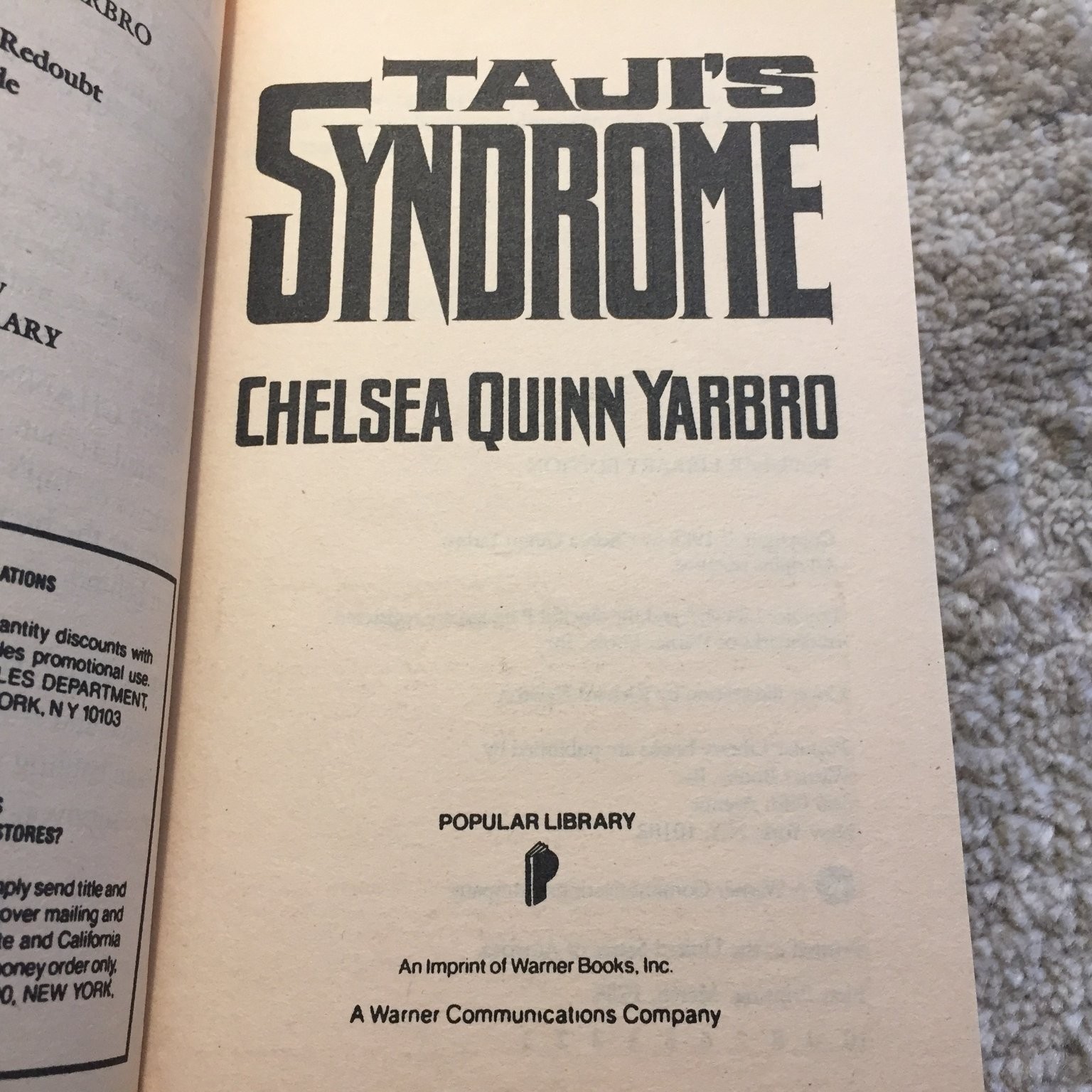 Taji’s Syndrome Chelsea Quinn Yarbro 1988 Popular Library Medical Thriller