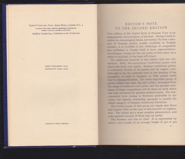 The Oxford Book of Russian Verse, Chosen by Hon. Maurice Baring Hardcover 1948