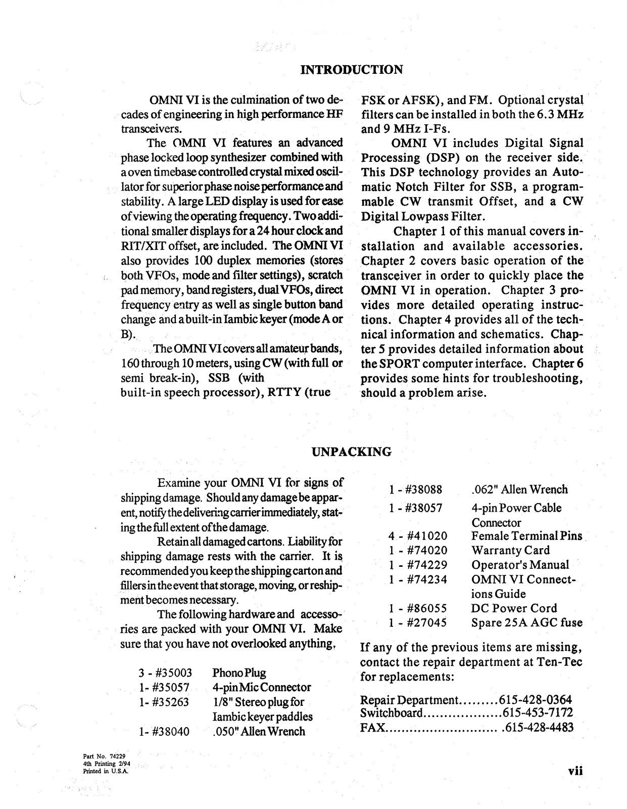 TEN TEC Omni 6 Model 563 HF Transceiver Operators Manual , FOLDOUTS