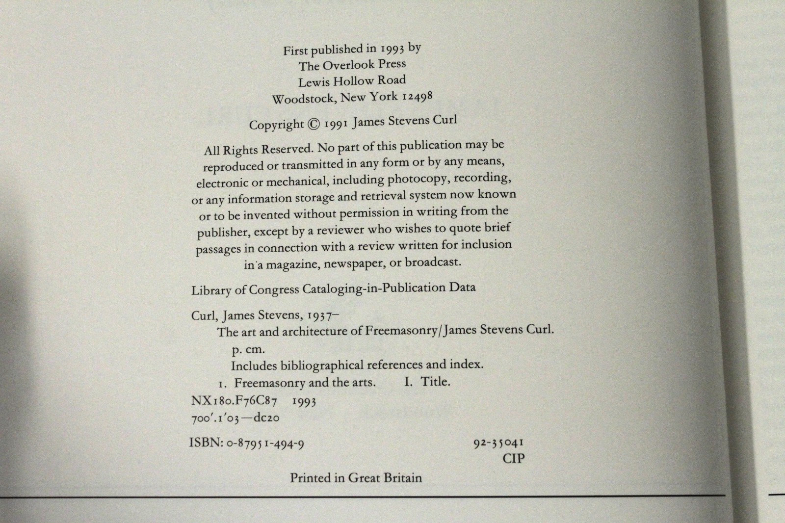 The Art and Architecture of Freemasonry by James Stevens Curl HCDJ 1993 Occult