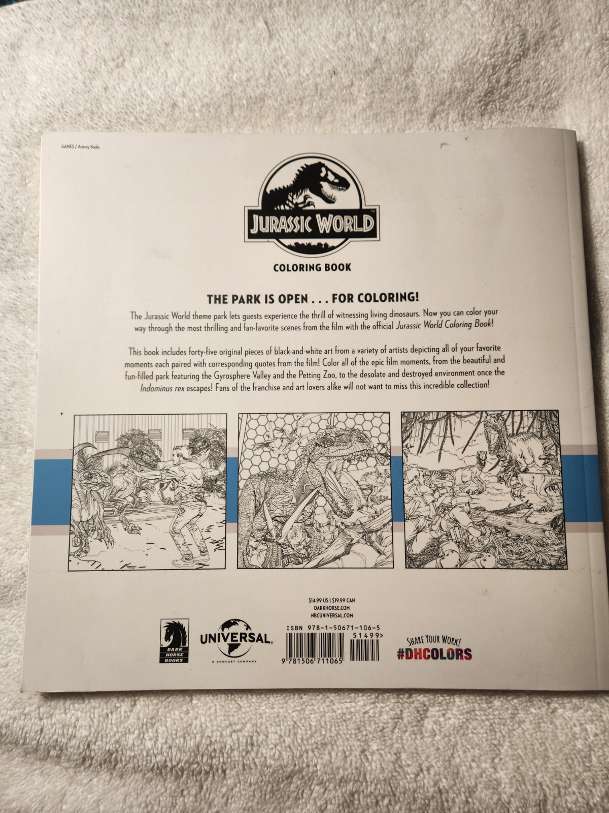Jurassic World Adult Coloring Book by NBC Universal 2019 Dark Horse Books Preown