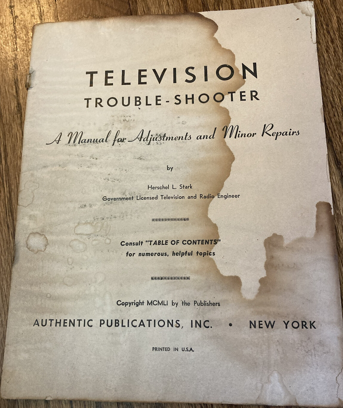 Television Trouble Shooter Stark Repair Manual Vtg CRT 1951 To Fix Manual How