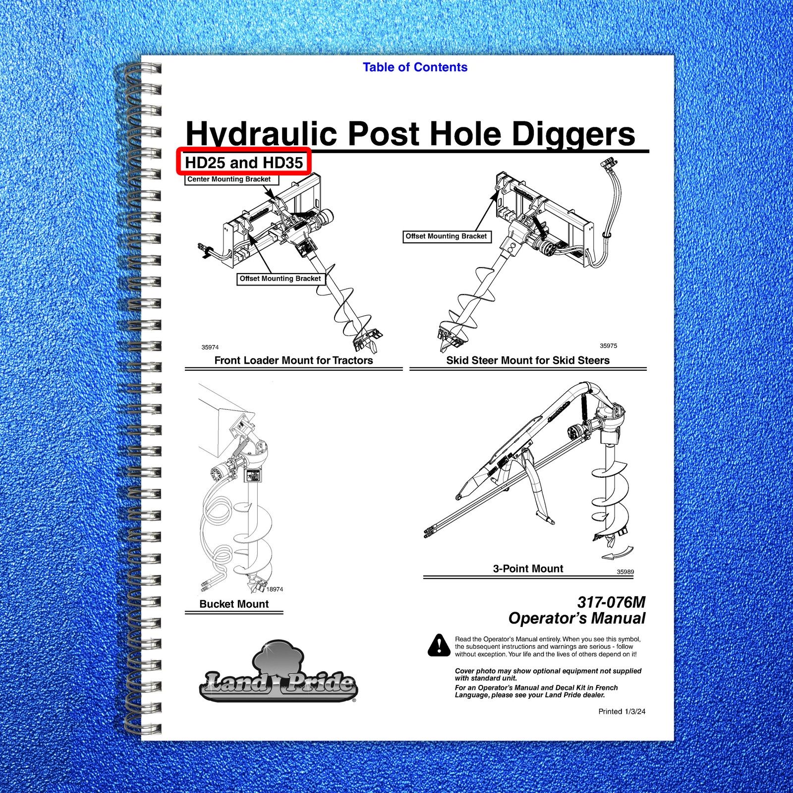 LAND PRIDE HD25 Series Post Hole Diggers Operators Manual – WIRE BOUND – COVERS