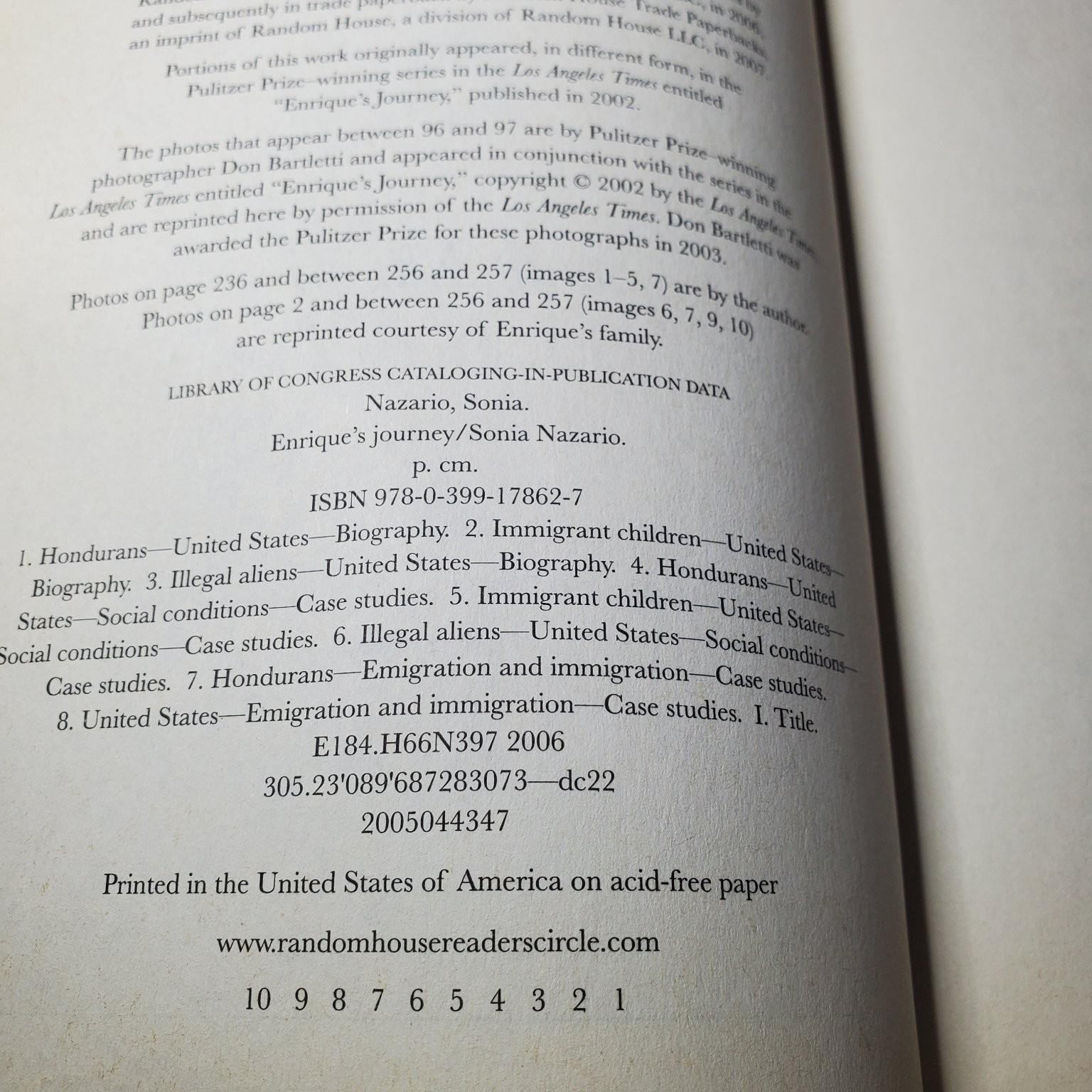 Enrique’s Journey Sonia Nazario 2006 Immigration Nonfiction Trade Paperback Book
