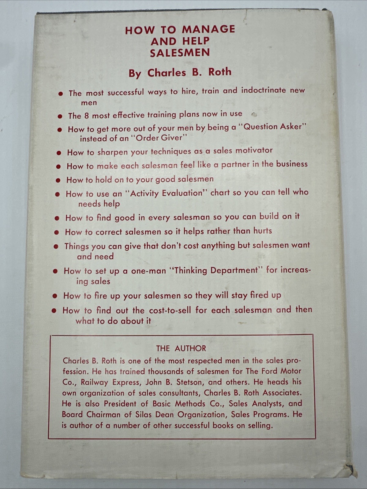 How To Manage And Help Salesmen Charles B Roth 159 Pages 1960 DJ Tested Methods
