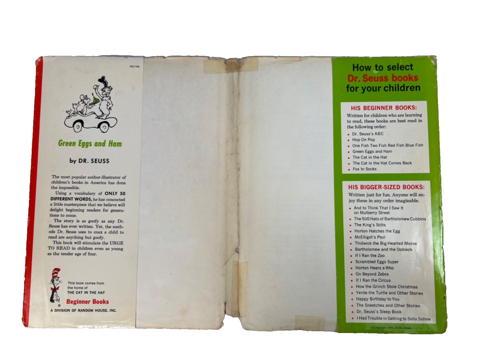 GREEN EGGS AND HAM Dr. Seuss Hardcover Book/Jacket 1960 First Edition 62 Pages