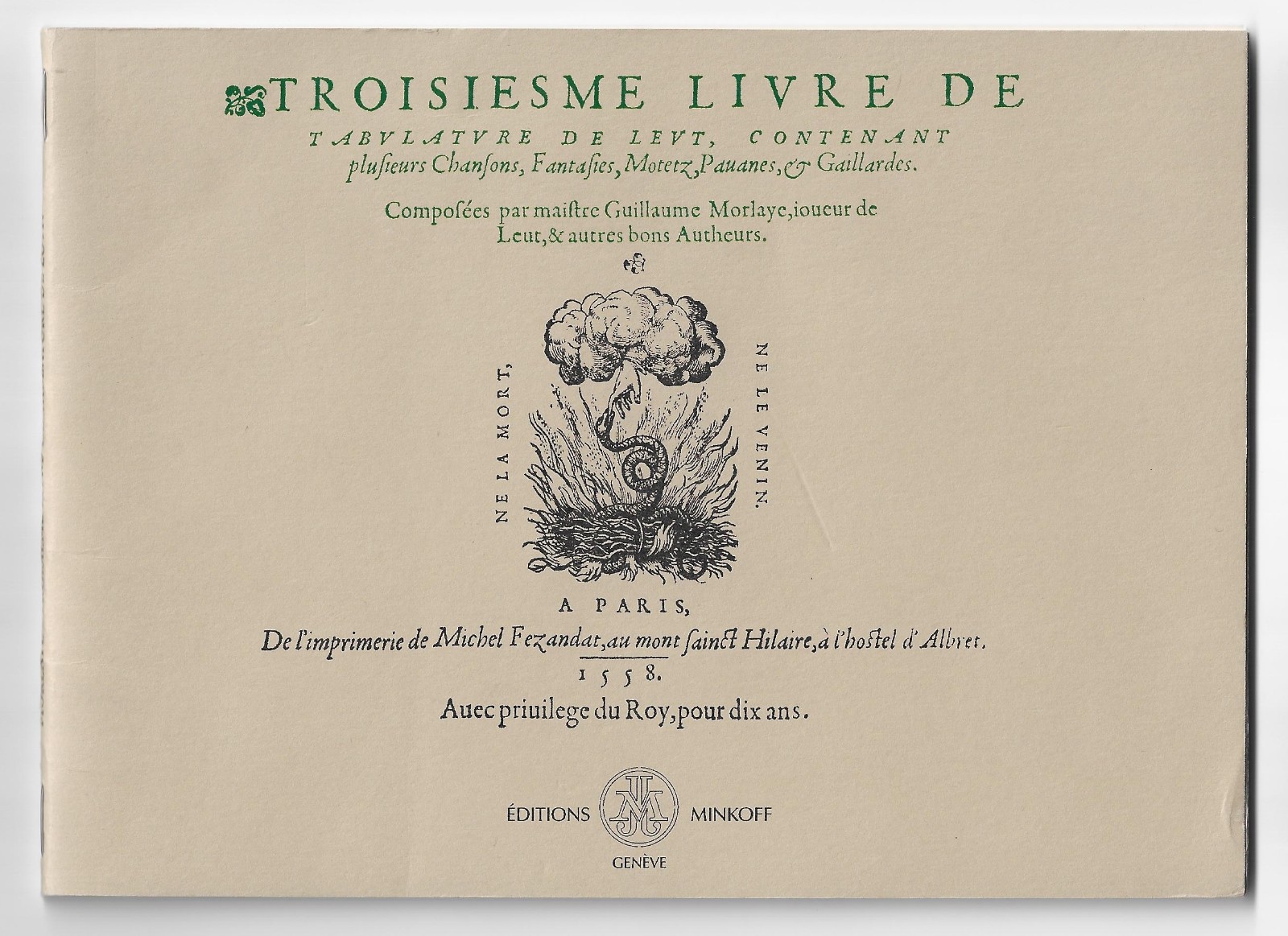 Guillaume Morlaye Lute Tablature 1558 Facsimile Minkoff Genève Renaissance Music