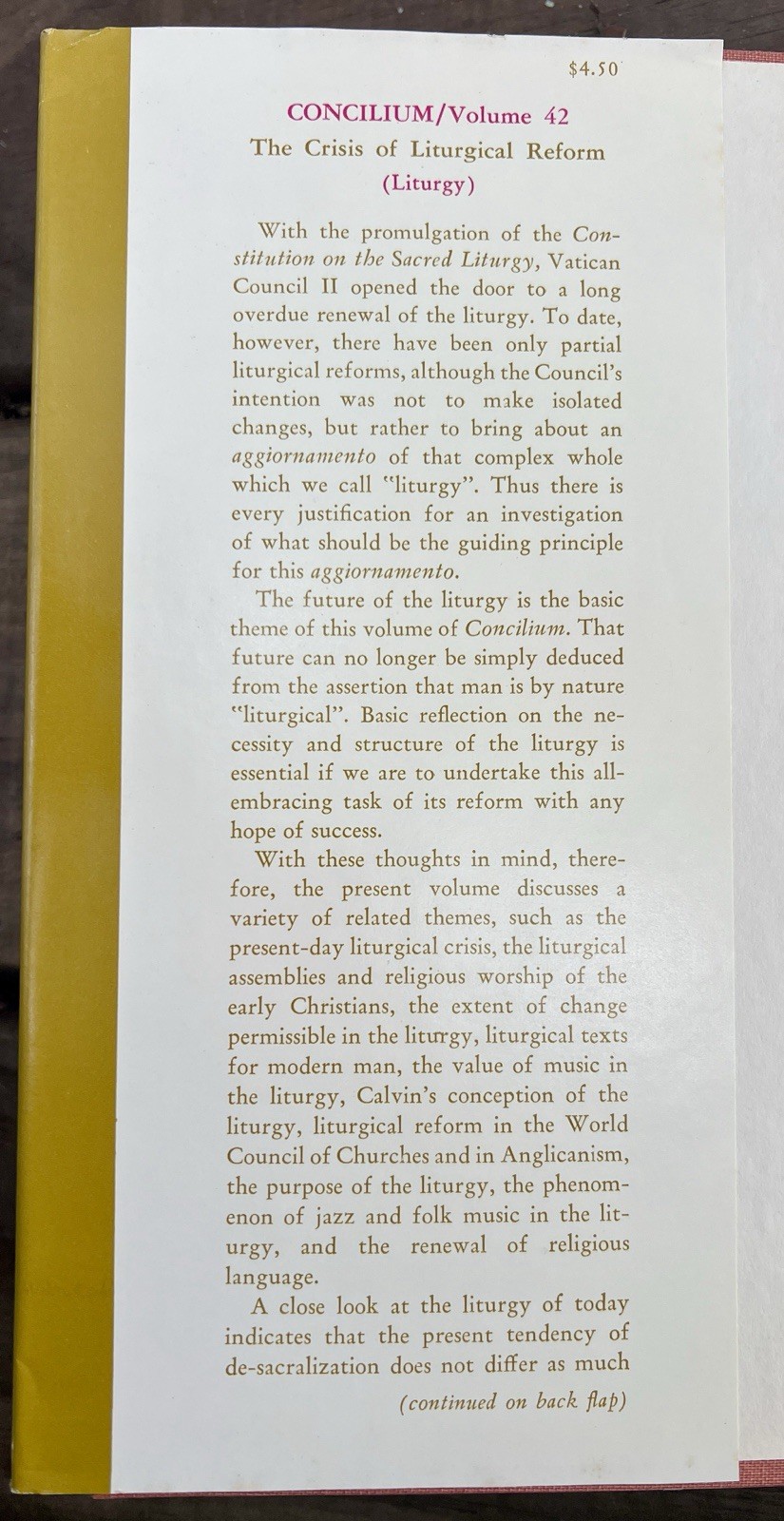 The Crisis of Liturgical Reform 1969 Liturgy CONCILIUM Vol. 42 Paulist Press HC