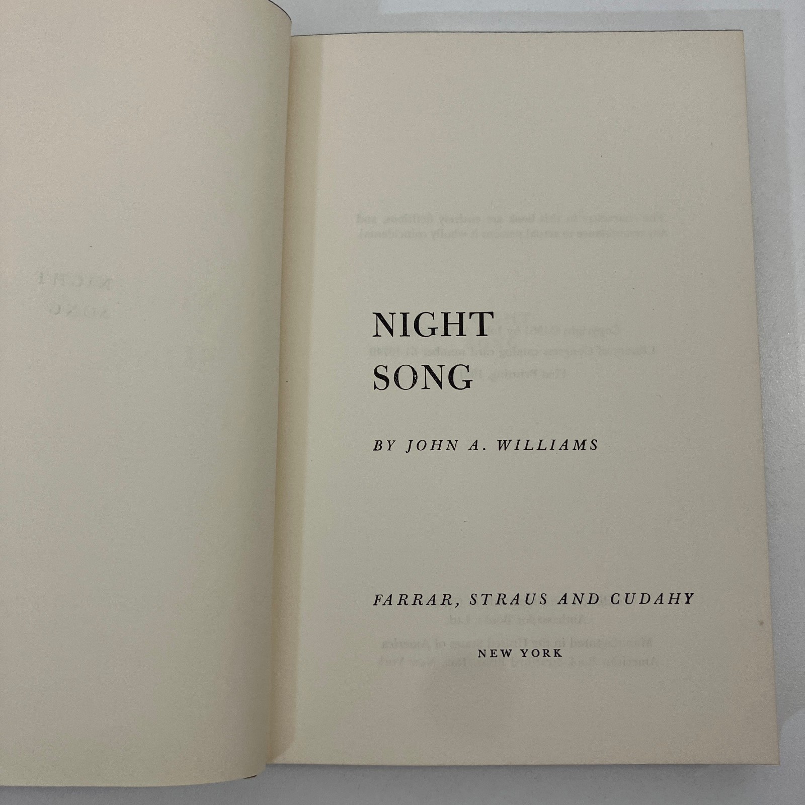 Night Song A Novel by John Williams First Edition 1st Printing 1961 HCDJ Jazz