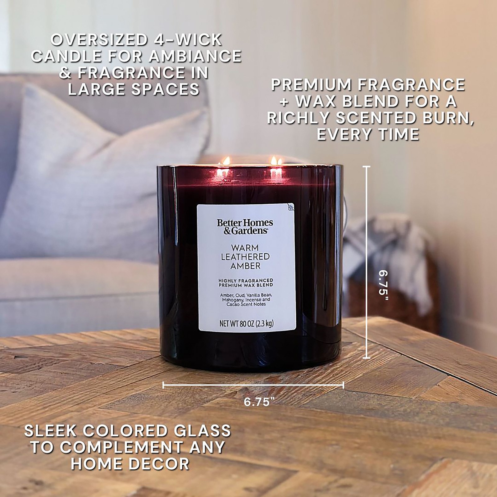 Warm Leathered Amber Scented 4-Wick 80Oz (2.26 Kg) Large Oversized Jar Candle