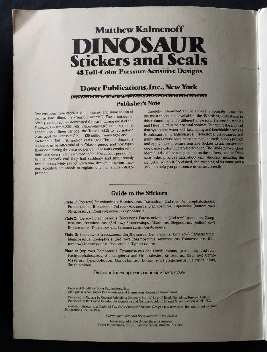 Vintage 1986 48 Full Color Dinosaur Stickers & Seals Kalmenoff Complete FASTSHIP