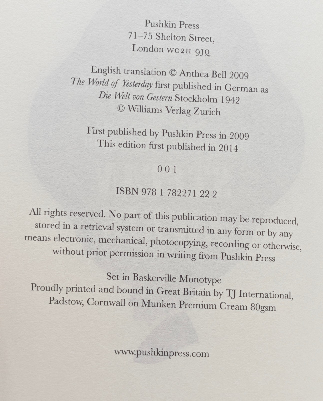 Stefan Zweig, The World of Yesterday: Memoirs of a European (Pushkin, 2014) HB