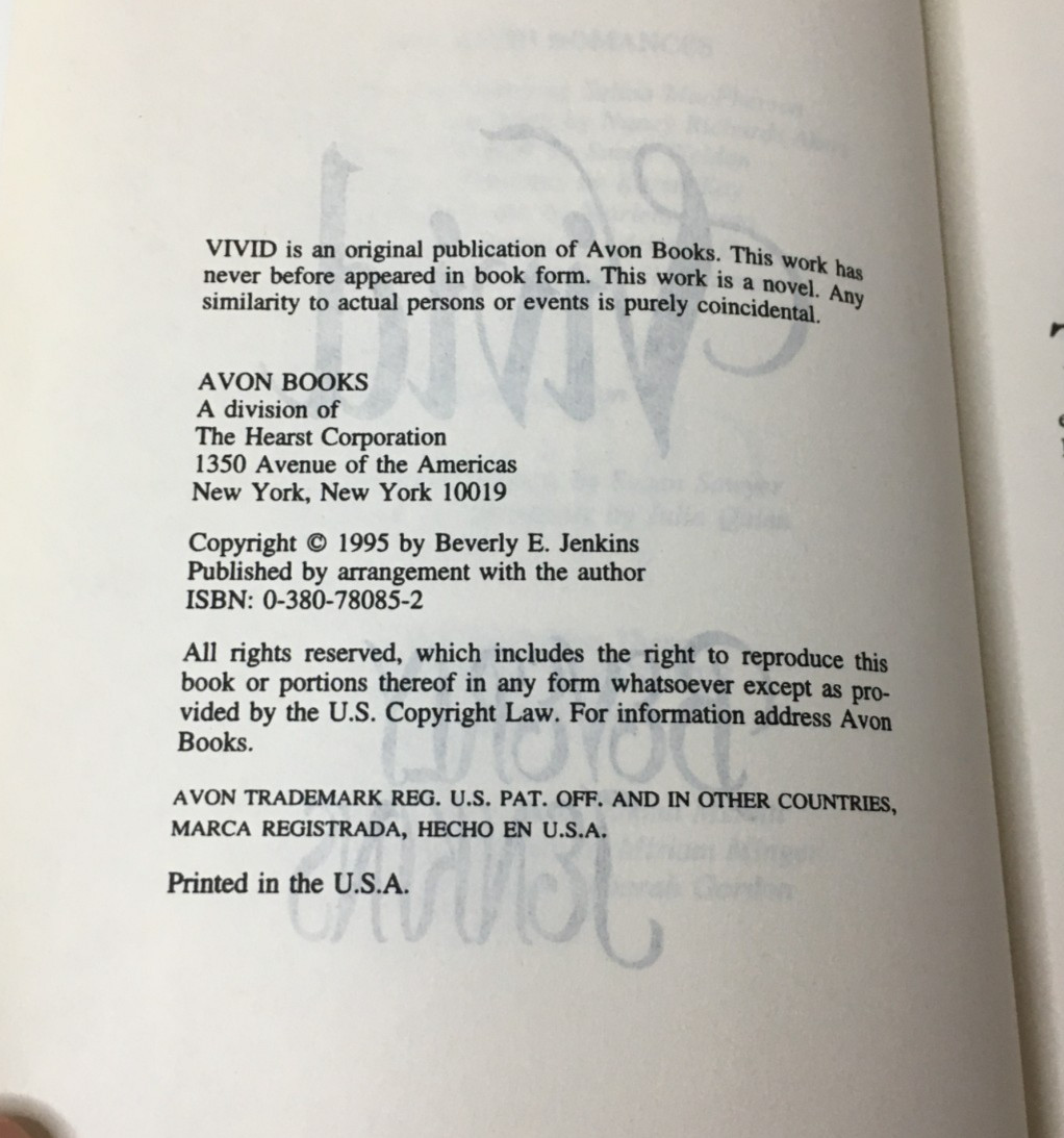 VIVID by BEVERLY JENKINS – VINTAGE 1995 HARDCOVER BOOK AVON ROMANCE – RARE