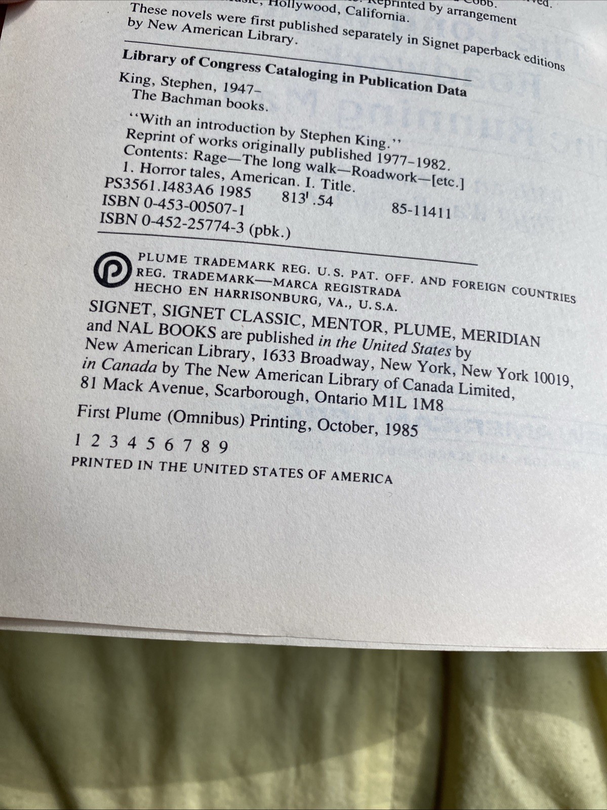 The Bachman Books by Stephen King (1st Plume Omnibus Printing, 1985)