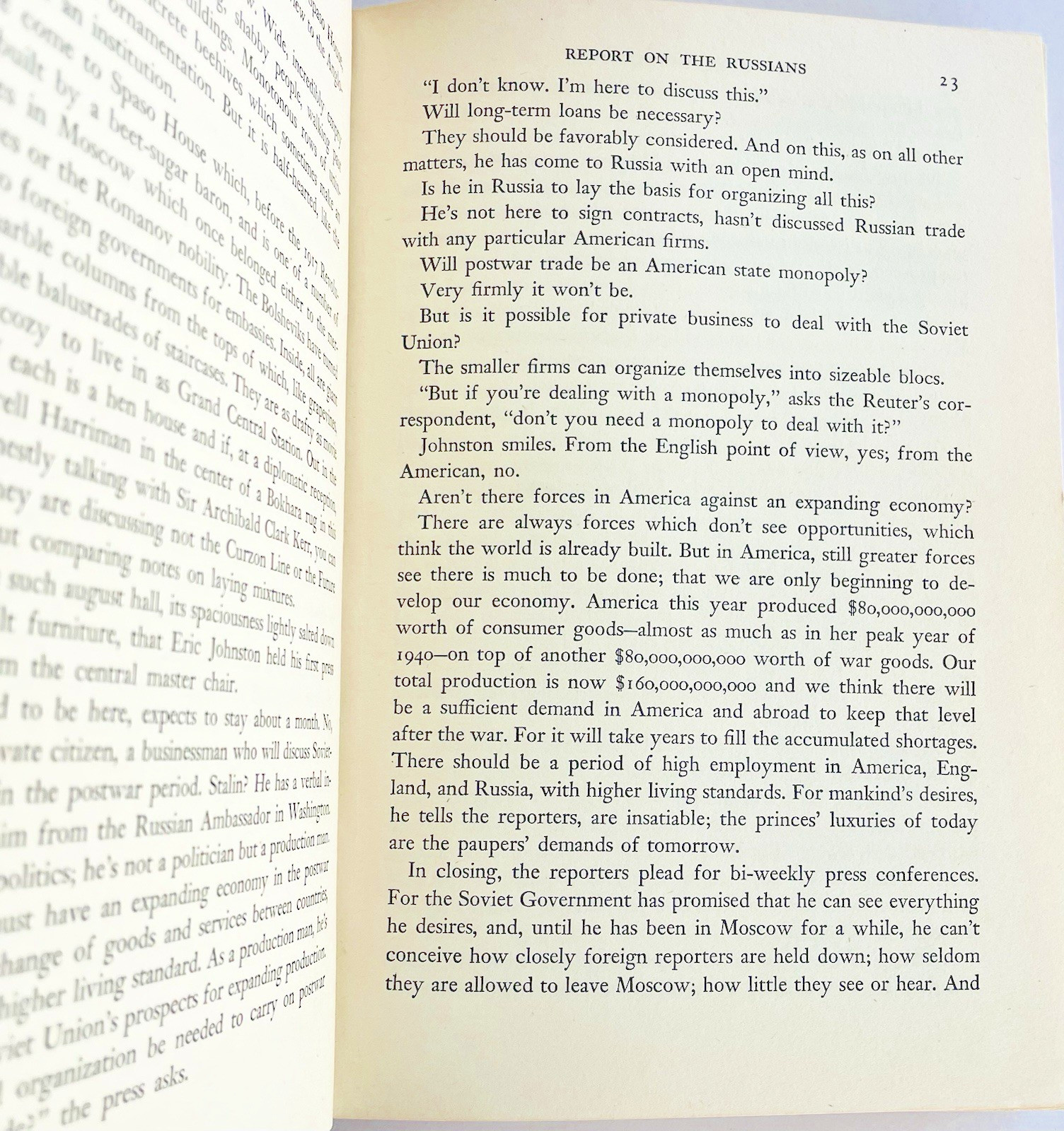 Report On The Russians by W. L. White Wartime Book 1st Edition 1945 Hardcover