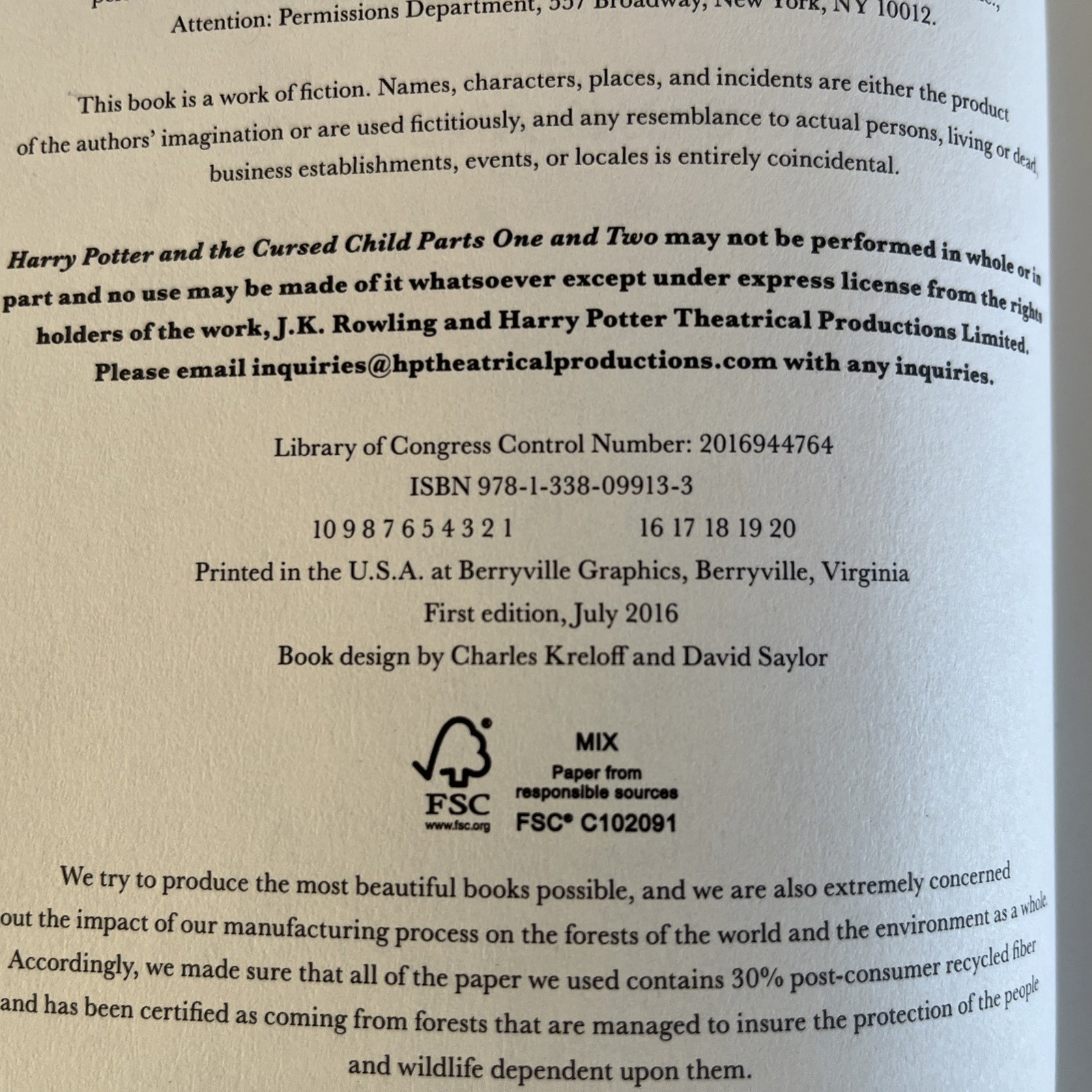 Harry Potter and the Cursed Child – Parts One & Two: The Official Script 1st Ed