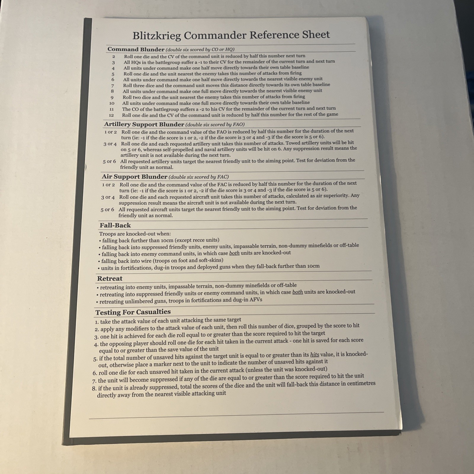 Blitzkrieg Commander Rulebook WarGames Miniatures Never Used Reference Sheet