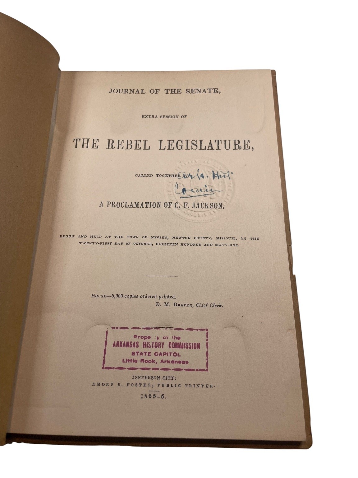 Missouri Rebel Legislature Journal 1861 Facsimile Reprint 1911 Civil War History