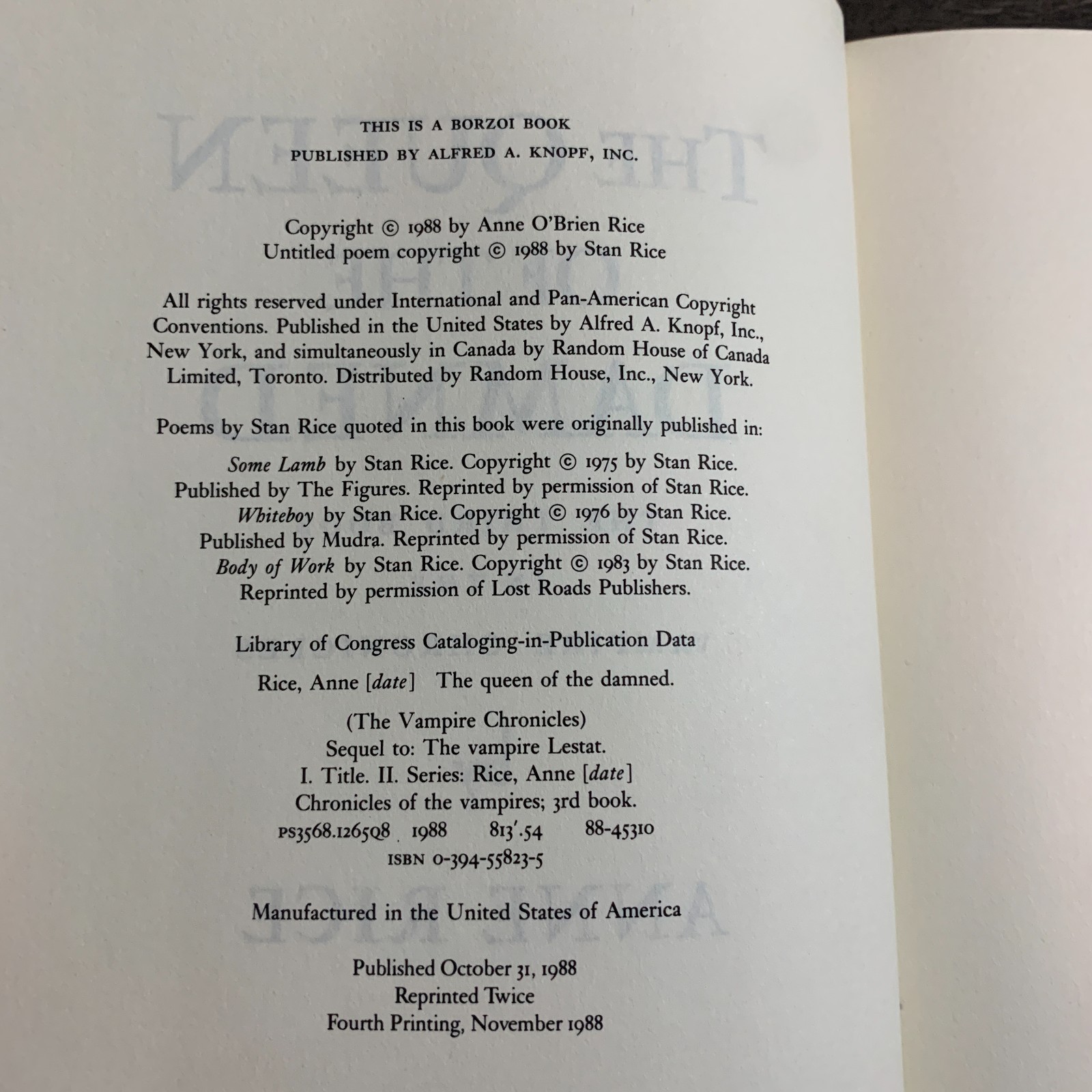 The Queen of the Damned by Anne Rice 1988 Knopf Hardcover HCDJ Vampire Horror