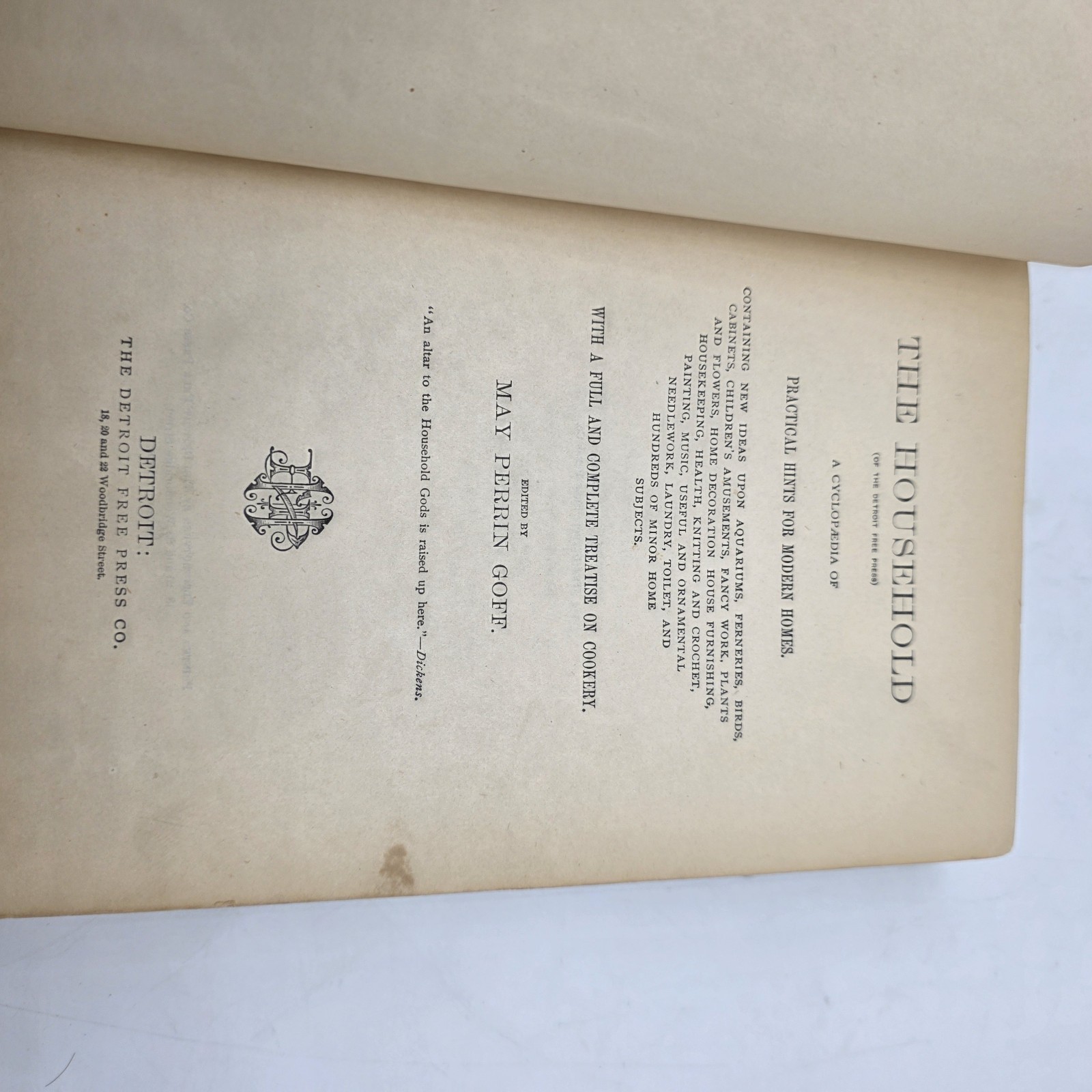 1881 The Household May Perrin Goff Detroit Free Press Victorian Decorative Gilt
