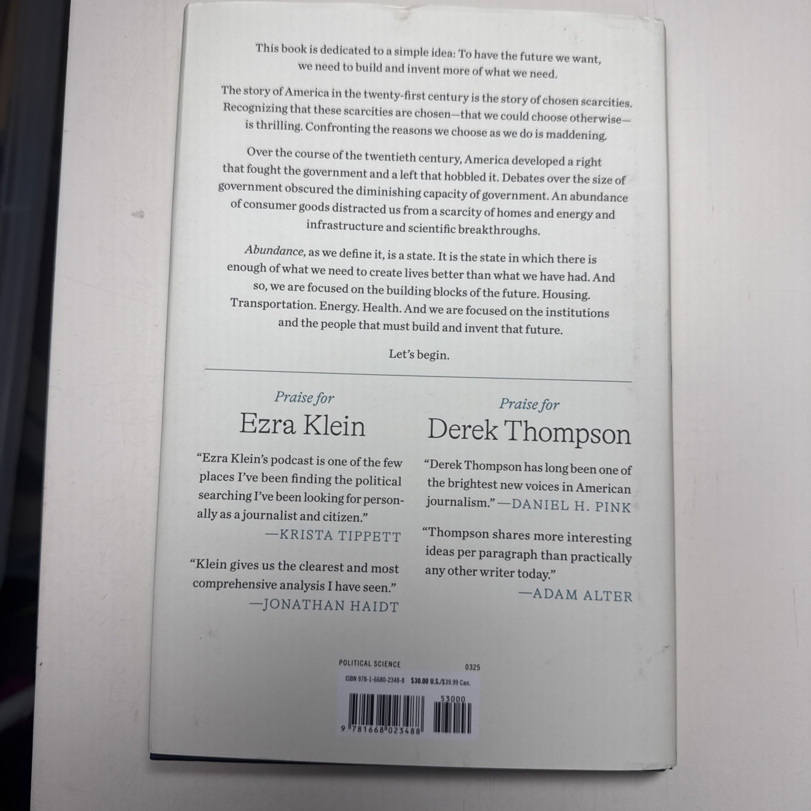 Abundance by Ezra Klein and Derek Thompson Hardcover New York Times Best Seller