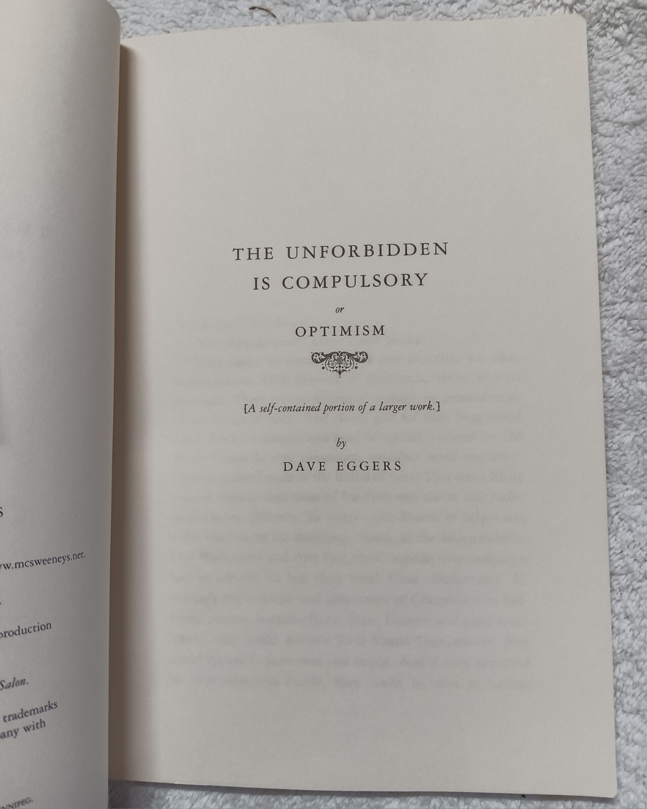 The Unforbidden Is Compulsory, or Optimism (Dave Eggers • 2004) • Good