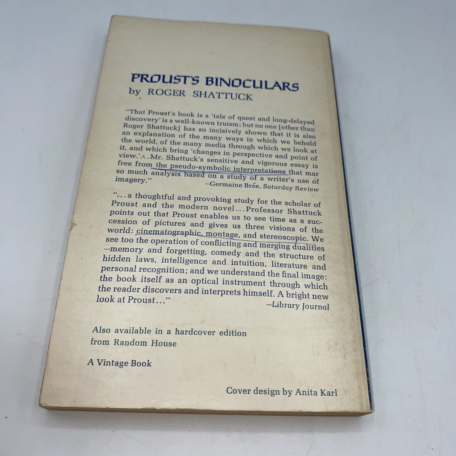 Proust’s Binoculars Roger Shattuck Cover Wear Written Notes Acceptable Paperback