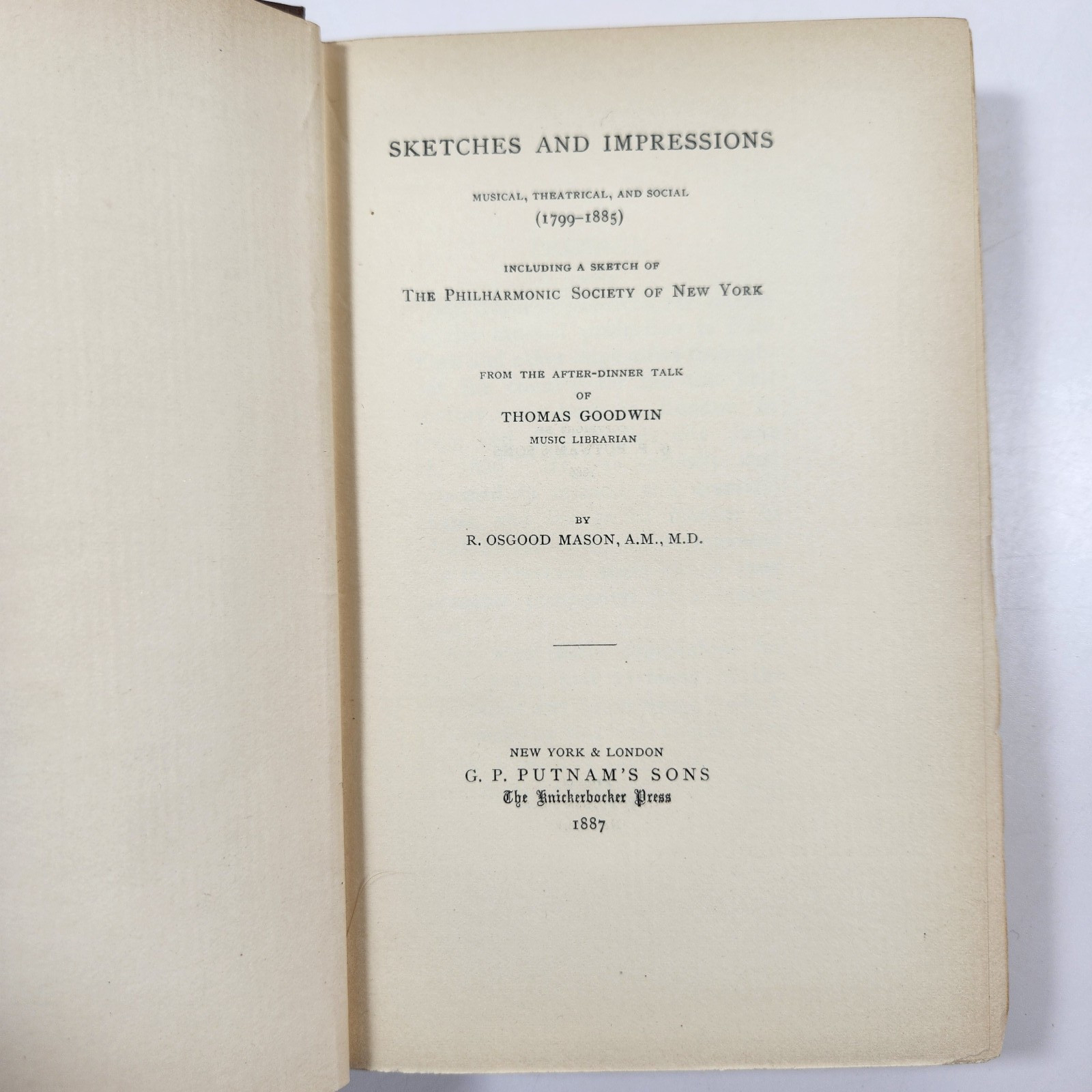 Goodwins Sketches Impressions Antique 1887 HC Music Theater Social History Mason