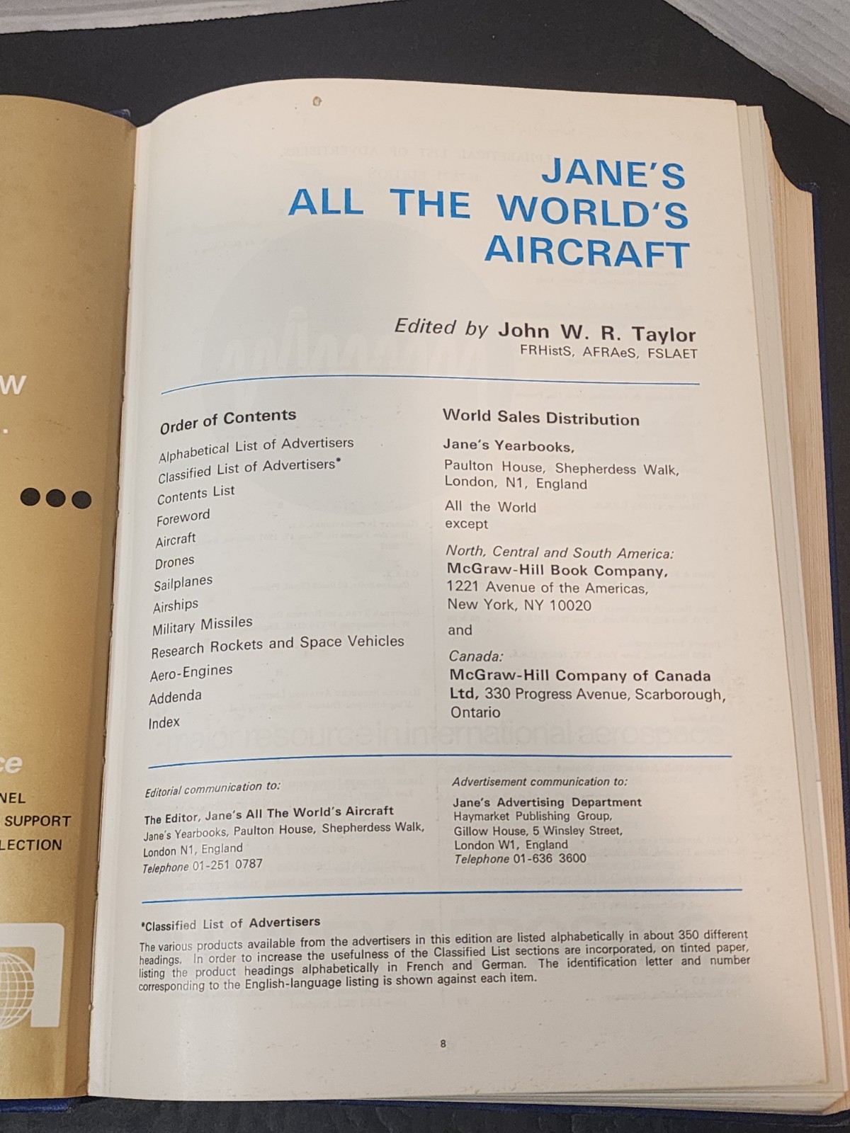 JANE’S ALL THE WORLD’S AIRCRAFT 1972-73 By John W R Taylor – Hardcover