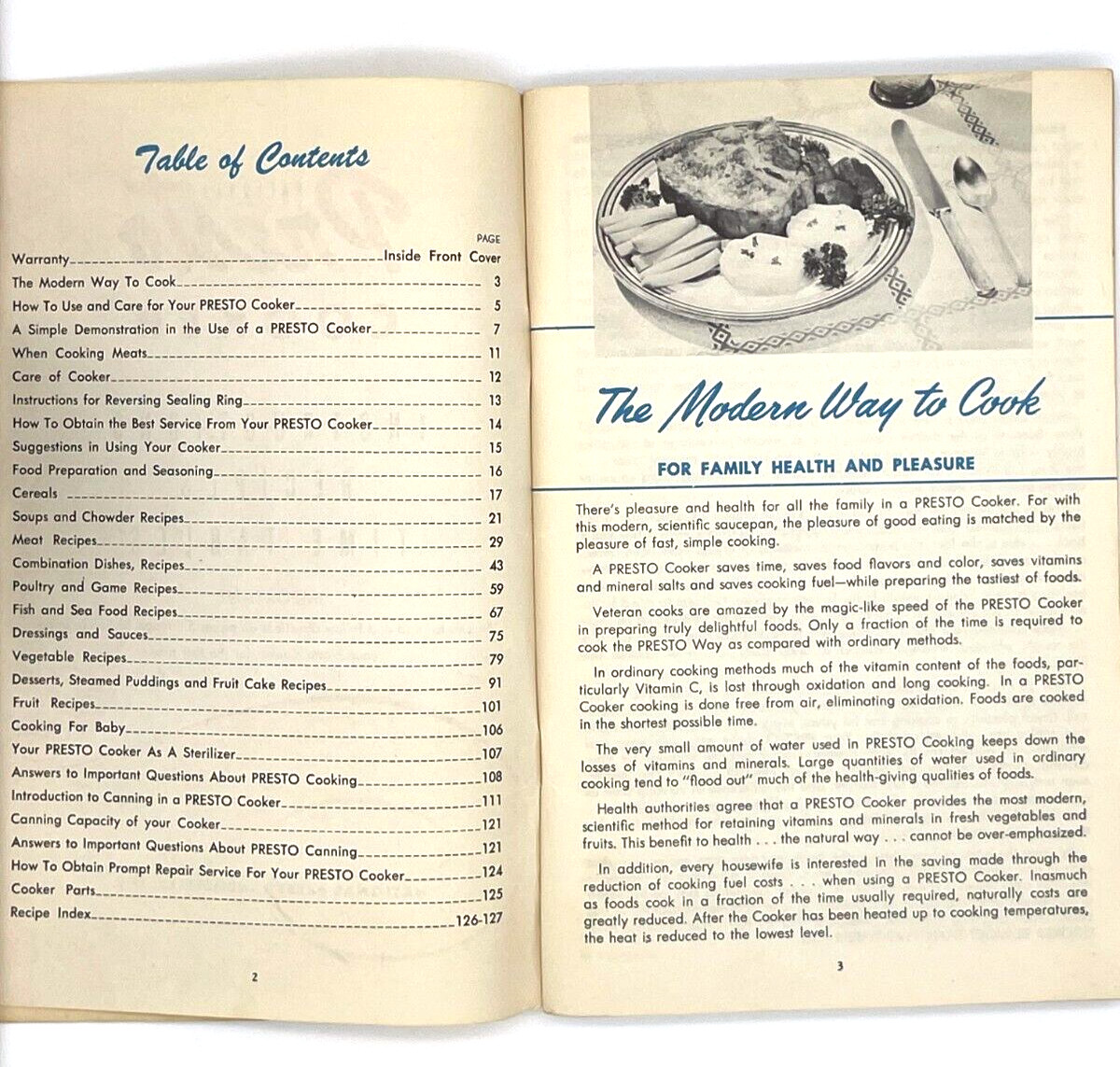 Presto Cooker Recipe Book Models 603, 604, 606 Instructions VTG 1953-127 pages