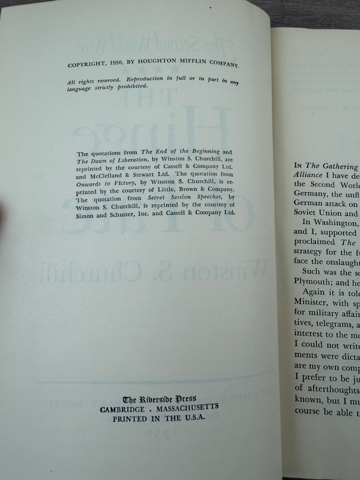 The Hinge of Fate Winston S. Churchill 1950 WWII History Houghton Mifflin