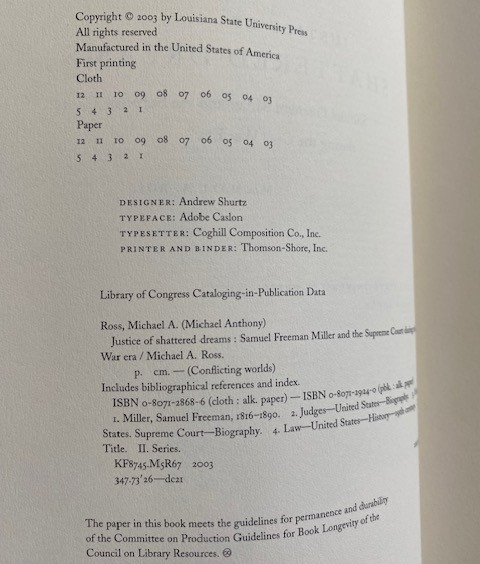 Justice of Shattered Dreams : Samuel Freeman Miller and the Supreme Court…PB