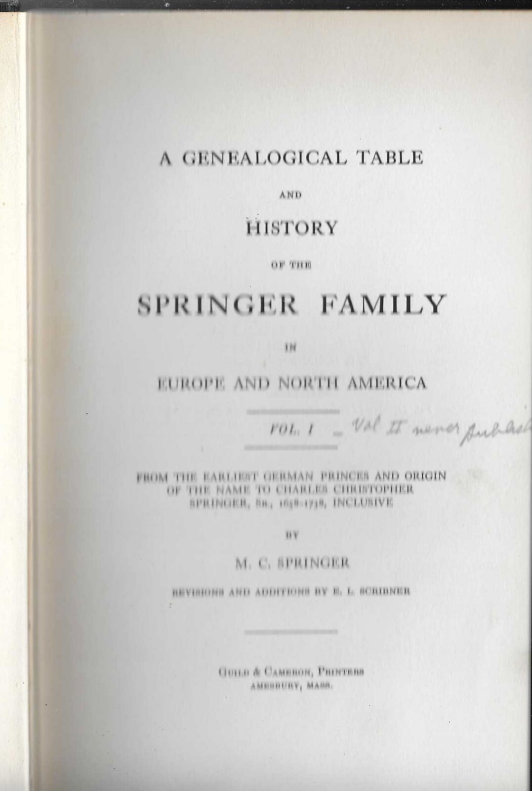 Springer Family In Europe And North America Original Edition 1917 Genealogy