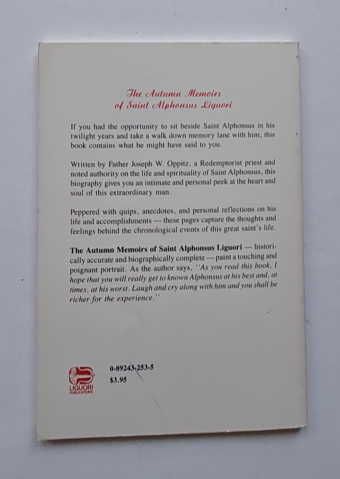 Autumn Memoirs of St. Alphonsus Liguori Redemptorist Joseph Oppitz Book Booklet