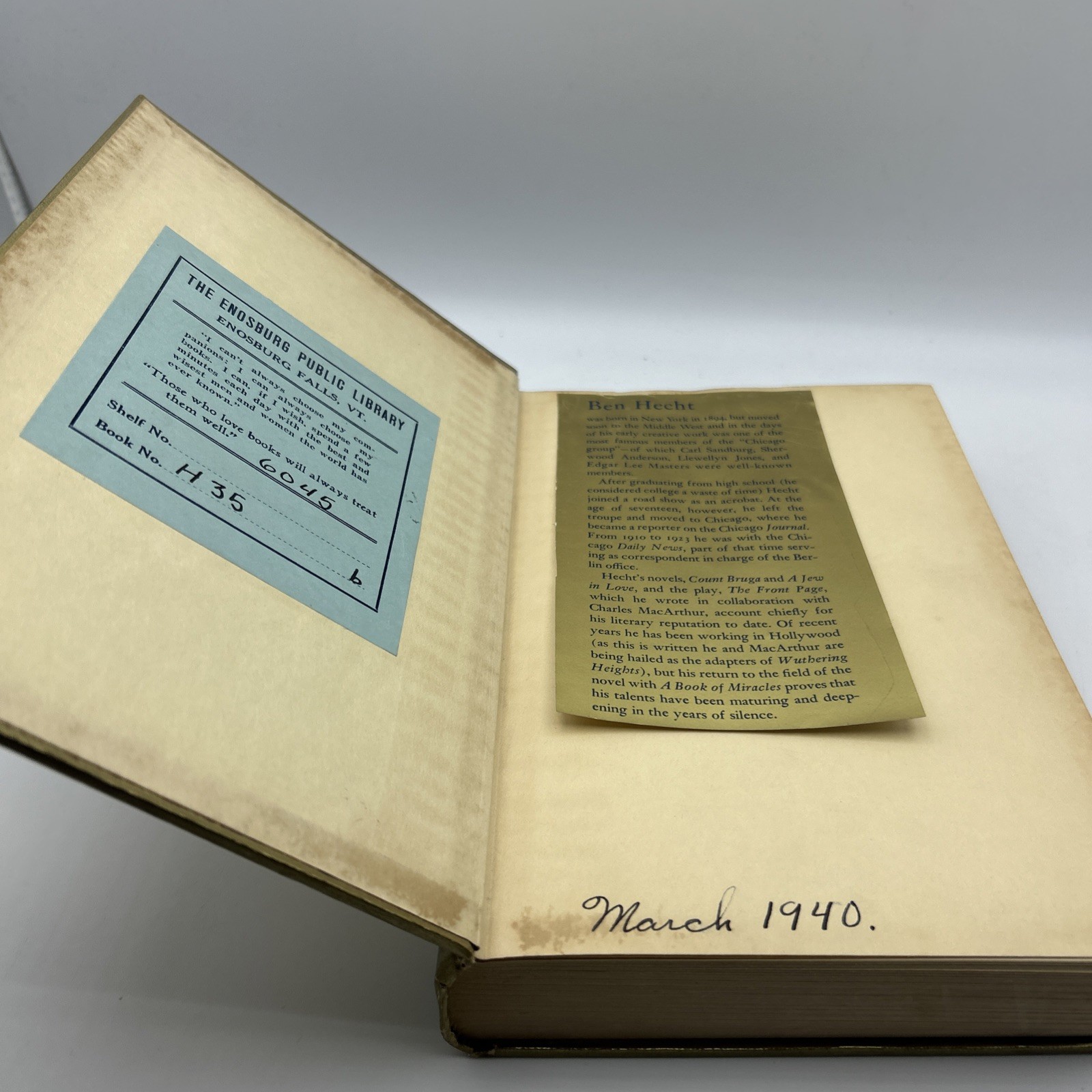A Book of Miracles by Ben Hecht (1939, HC) Viking Press First Edition